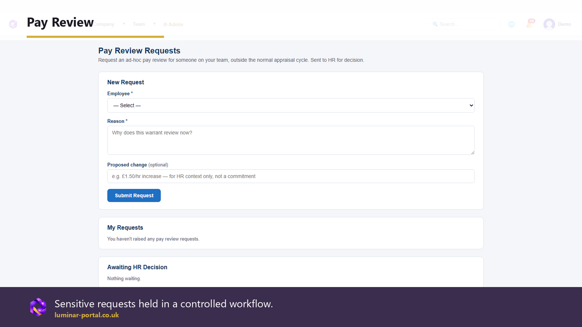 Sensitive pay-related requests are kept structured and traceable.