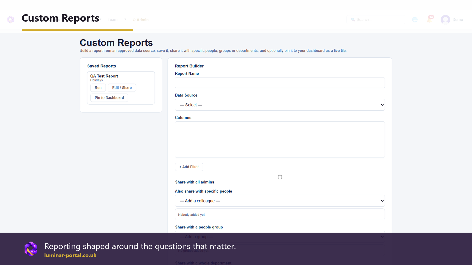 Custom Reports shape reporting around leadership questions.