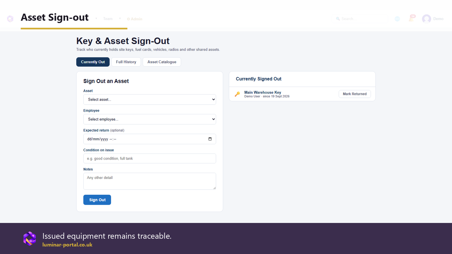 Asset sign-out keeps issued equipment traceable.