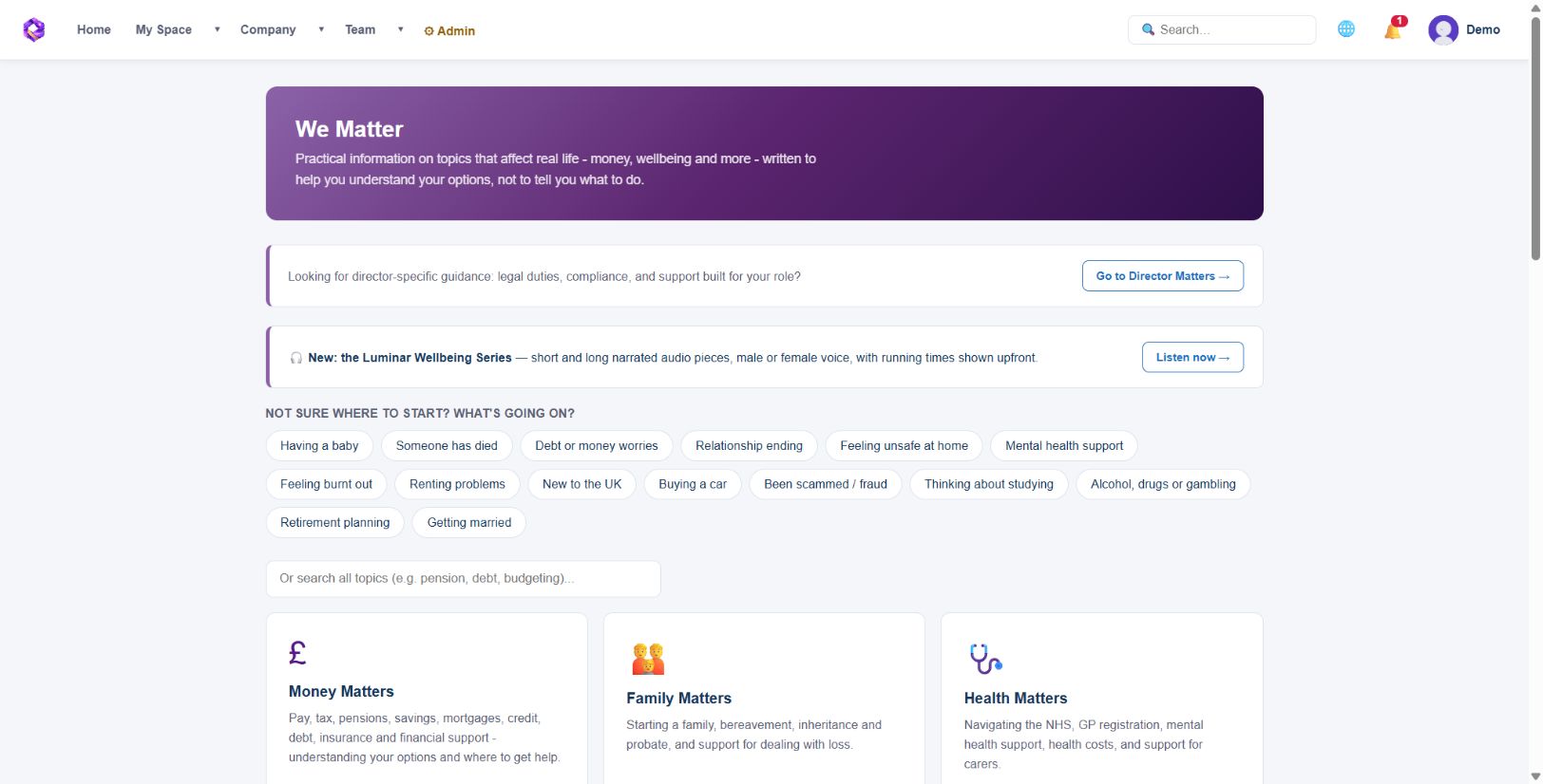 We Matter gives employees a simple hub for everyday welfare and support, with audio support now visible.