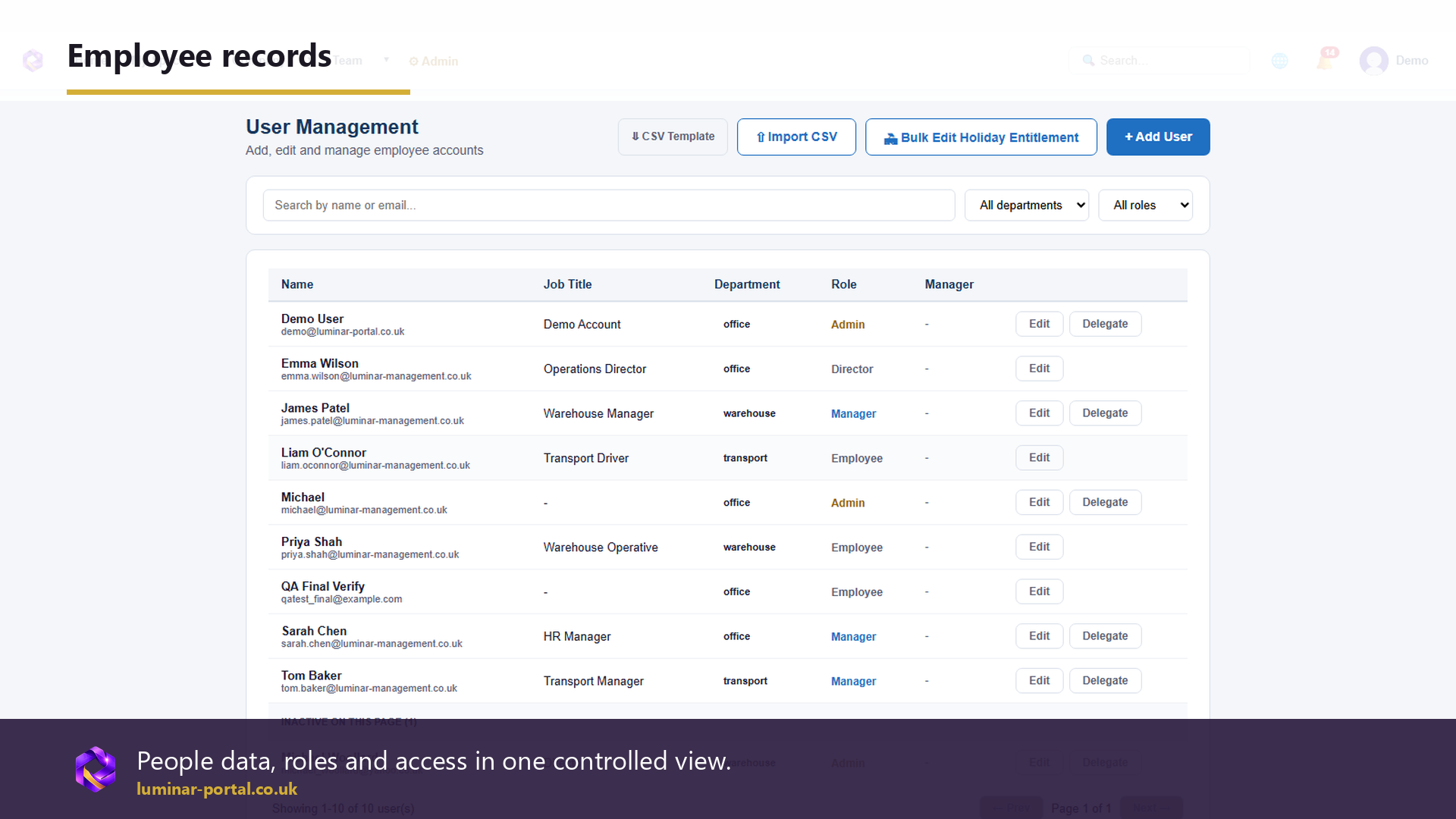 Employee records keep people data, roles and access in one controlled view.