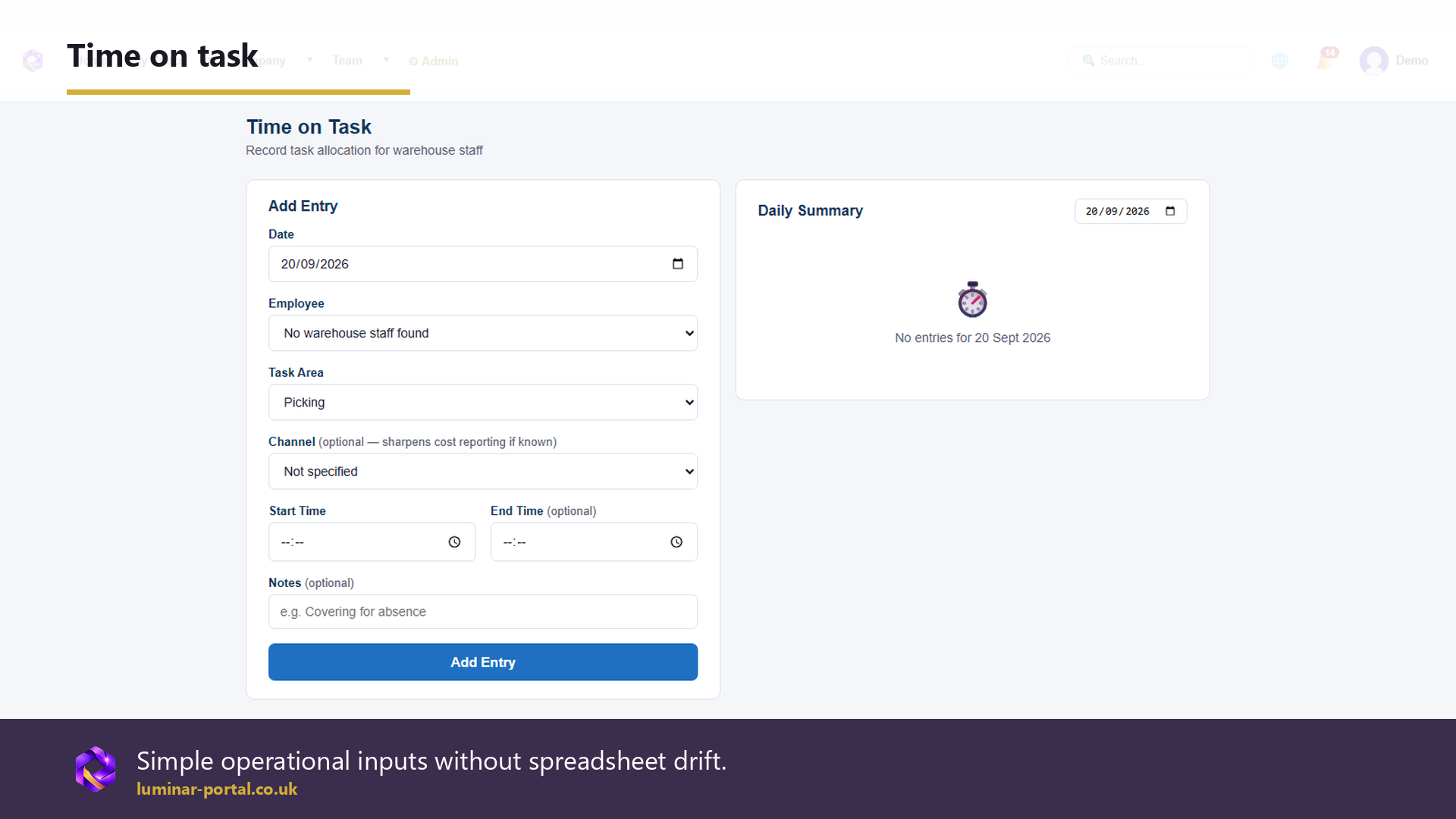Time on task supports simple operational inputs without spreadsheet drift.